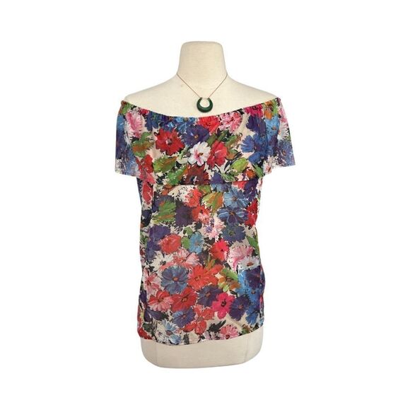 Vibrant Vintage 70s Flower Power Ruffle Could Shoulder Flouncy Floral Print Top - Picture 7 of 10